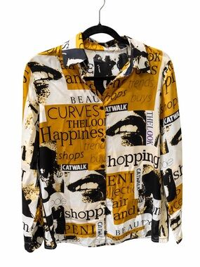 Graphic Print Button-Up Shirt in Mustard, Black & White